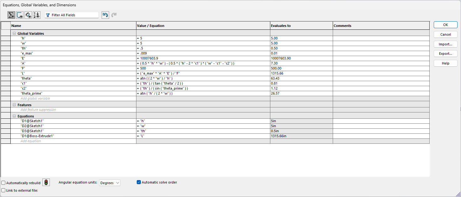 Equation Tab with all variables and equations